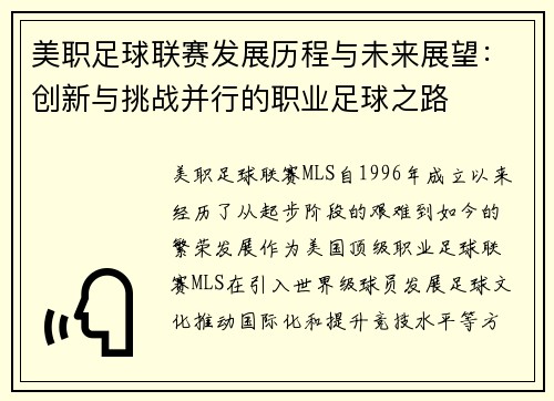 美职足球联赛发展历程与未来展望：创新与挑战并行的职业足球之路