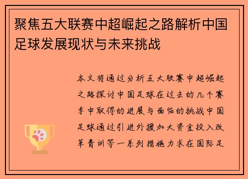 聚焦五大联赛中超崛起之路解析中国足球发展现状与未来挑战