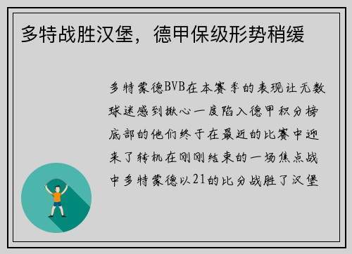 多特战胜汉堡，德甲保级形势稍缓