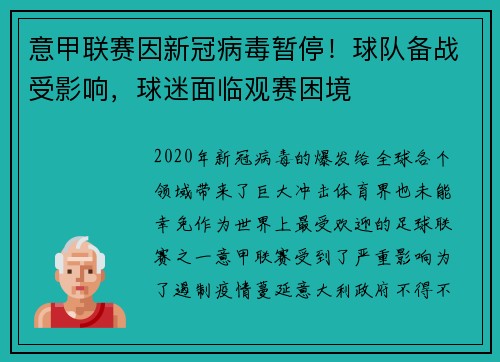 意甲联赛因新冠病毒暂停！球队备战受影响，球迷面临观赛困境
