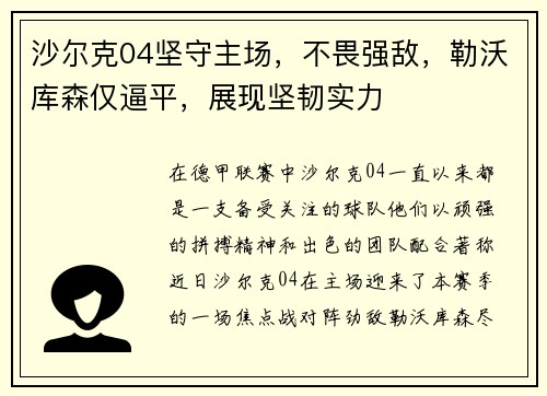 沙尔克04坚守主场，不畏强敌，勒沃库森仅逼平，展现坚韧实力